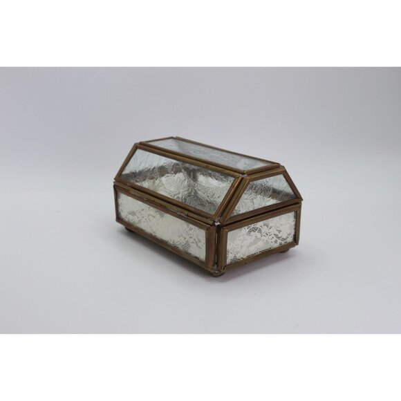 Via Vermont Vintage Glass & Brass Jewelry Box With Etched Floral Detail & Hinged - Picture 4 of 13